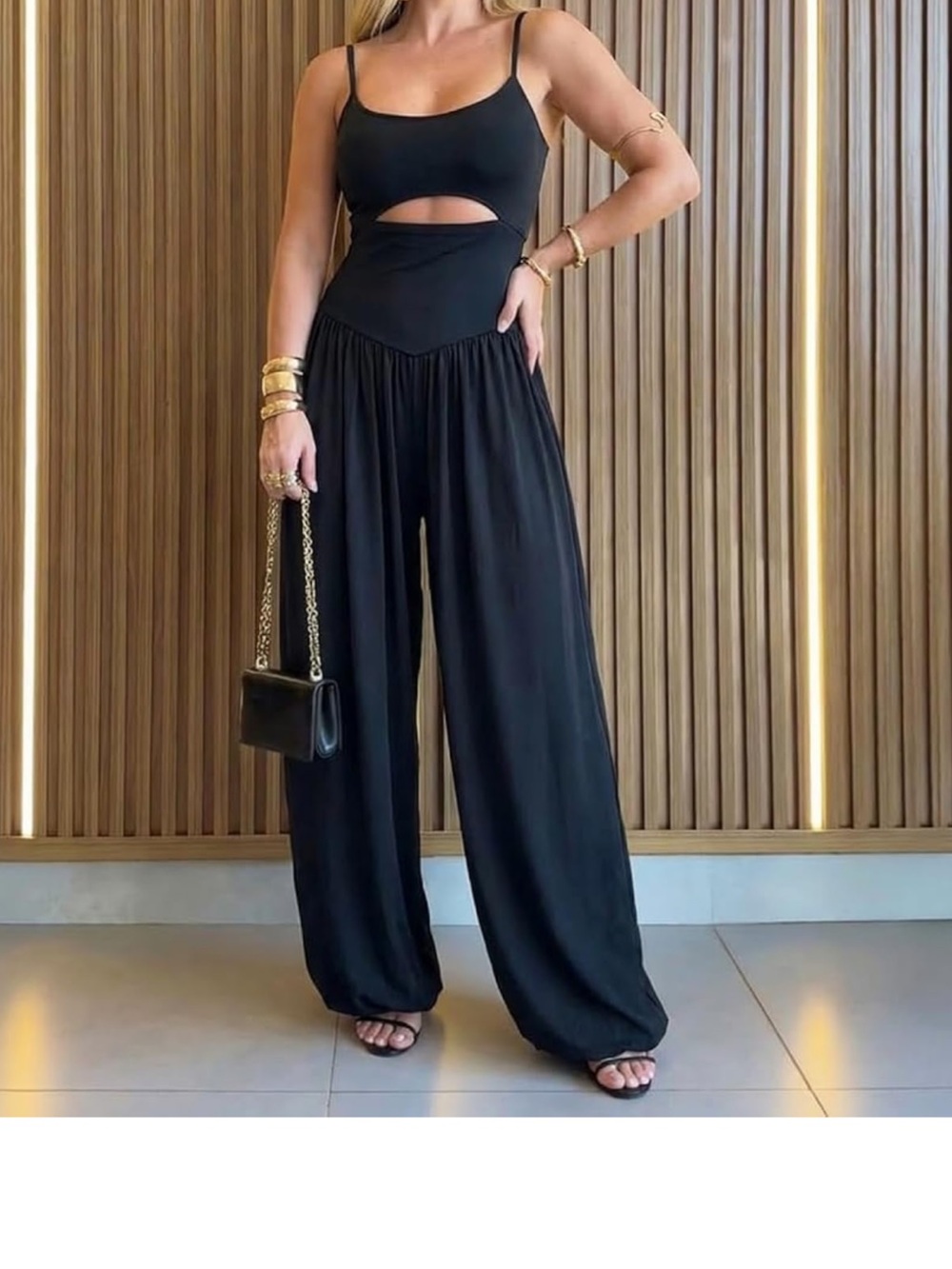 Amazon jogger style Wide-Leg Black Jumpsuit with Cutout L
